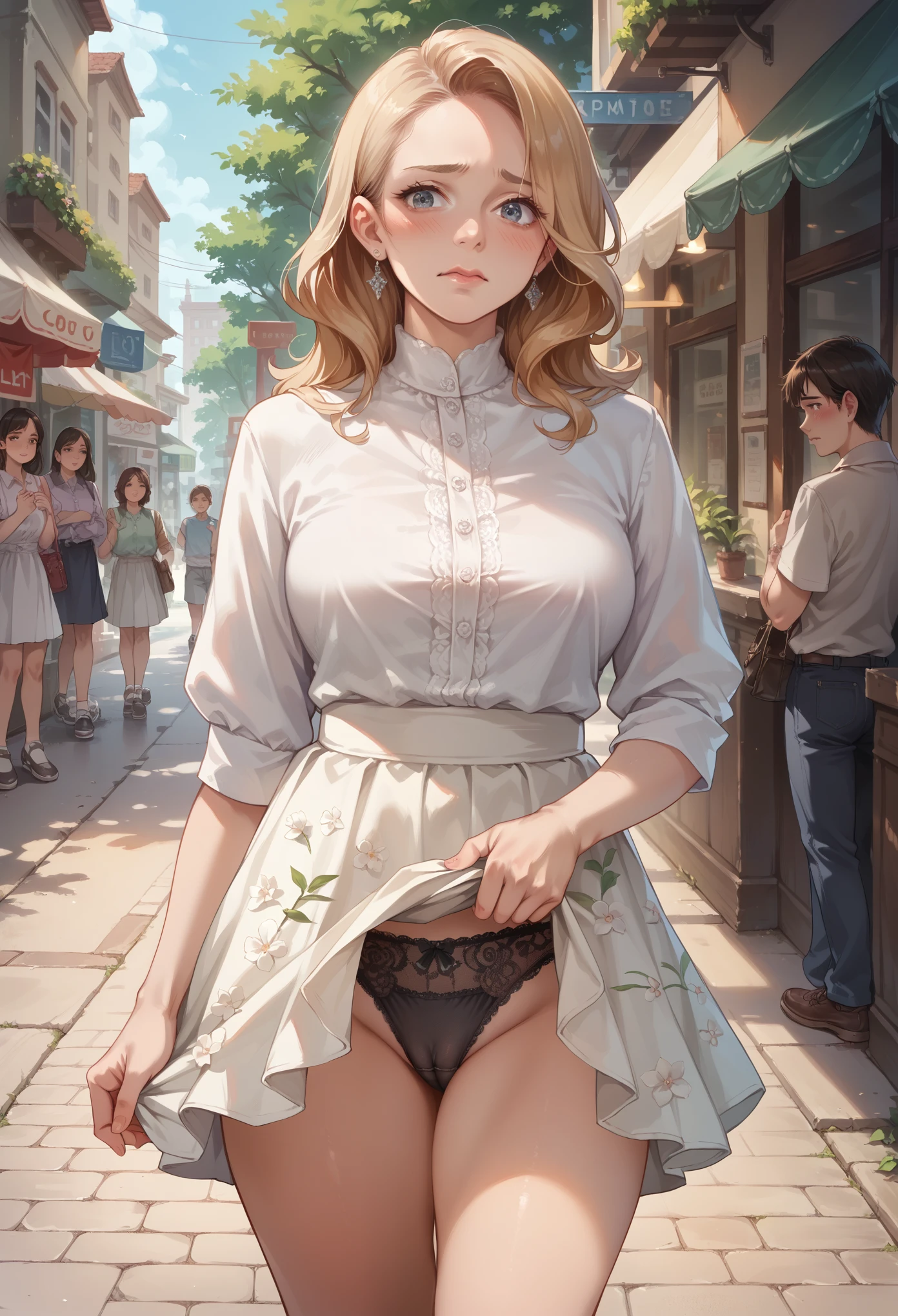 (masterpiece), Mature , sexy, After, Floral lace underwear, Natural light, realistic, camel toe, diffused light, Depth of bounds written, white skirt, vapor, (lift skirt),black underwear, (urination), lively , embarrassed expression,  Public place