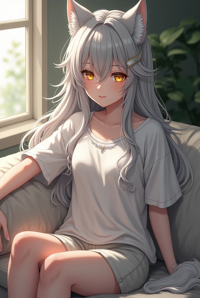 Demi-Human, wolf, female, Long silver hair is a little messy, Gold eyes, anime, white skin, white t-shirt, Clothes are loose, sit on the couch 