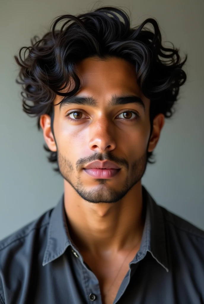 Generate a hyper-realistic portrait of a young man with a medium brown complexion, possibly of South Asian descent. He has large, expressive almond-shaped brown eyes with defined lashes. His face is symmetrical with a slightly rounded jawline, and he has a well-groomed, light stubble. His nose is straight and proportional, and his lips are full and naturally colored. He has thick, voluminous curly black hair that frames his face, with a subtle texture that suggests softness. He is wearing a dark gray button-up shirt with a slightly unbuttoned collar, giving a relaxed, casual vibe. The lighting is soft and natural, illuminating his face evenly and emphasizing his features. The background is simple and unobtrusive, allowing full attention to his facial features