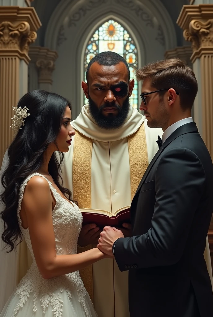 (photo realist)
o homem Cao Cao de pele escura no final vira um padre que tem um olho machucado, the priest performing the marriage of the brunette with long black hair with blonde tips with the , Cao Cao, strong and with square glasses and short hair