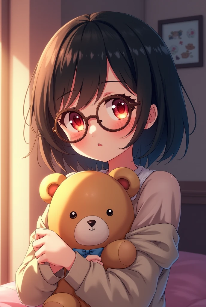 Red and yellow heterochromatic eyes, short black hair, brown-rimmed round glasses, woman, anime illustration, holding a teddy bear, background is a room