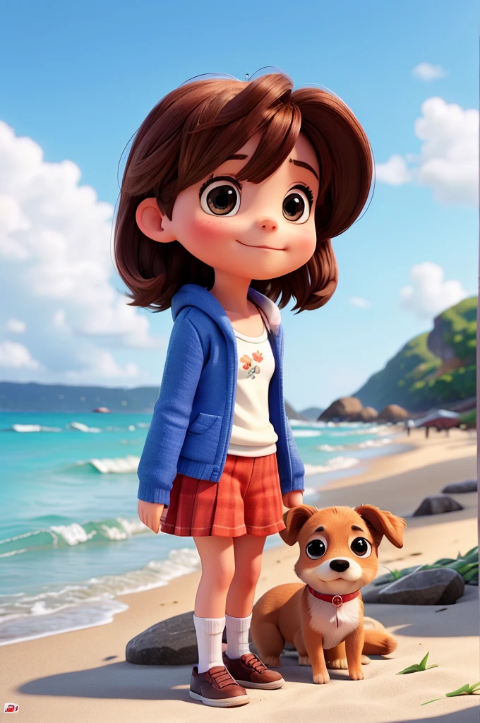 create a picture of a with her a small dog ,at the beach more