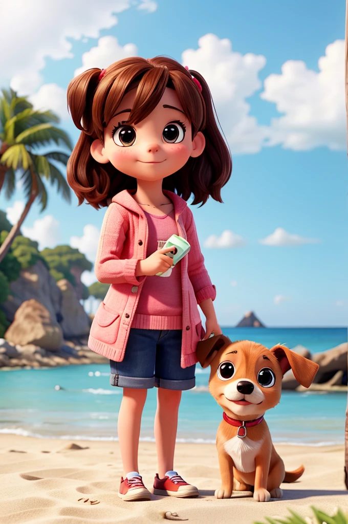 create a picture of a with her a small dog ,at the beach more