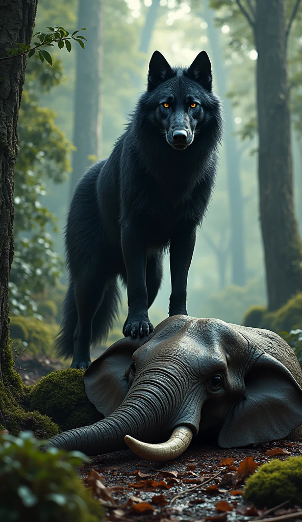 Black wolf standing on a dead elephant that it fought in a forest