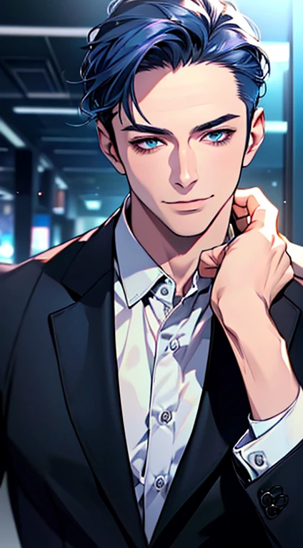(best quality,4k,8k,highres,masterpiece:1.2),ultra-detailed,(realistic,photorealistic,photo-realistic:1.37),1 man,3,mature man,very handsome,without expression,smile,short blue hair,blue eyes,penetrating gaze,perfect face without errors,imposing posture,businessman,office background,cinematic lighting,hdr image