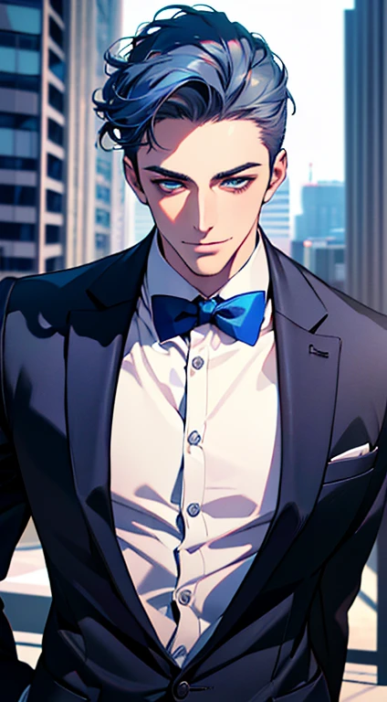 (best quality,4k,8k,highres,masterpiece:1.2),ultra-detailed,(realistic,photorealistic,photo-realistic:1.37),1 man,3,mature man,very handsome,without expression,smile,short blue hair,blue eyes,penetrating gaze,perfect face without errors,imposing posture,businessman,office background,cinematic lighting,hdr image