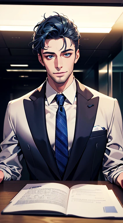 (best quality,4k,8k,highres,masterpiece:1.2),ultra-detailed,(realistic,photorealistic,photo-realistic:1.37),1 man,3,mature man,very handsome,without expression,smile,short blue hair,blue eyes,penetrating gaze,perfect face without errors,imposing posture,businessman,office background,cinematic lighting,hdr image