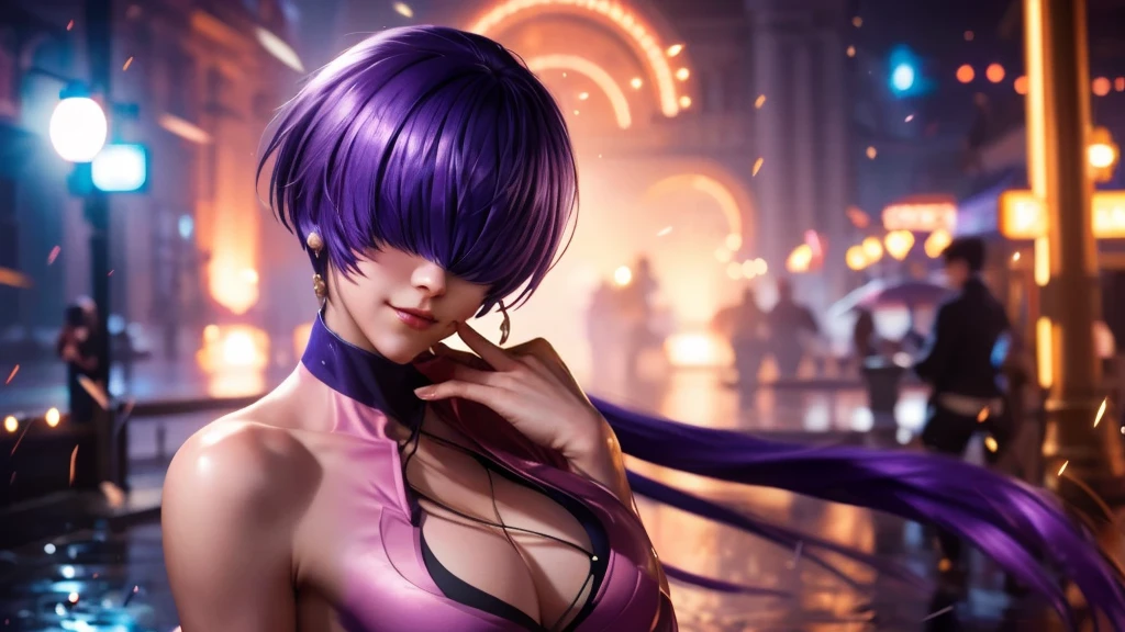 (at night), alone, in a video game scene, a background of a beautiful city during the day raining, standing at attention, purple hair, pink clothes ((purple hair)), 1 girl, alone, 20 years old, woman young, perfect and beautiful hands with perfect fingers, beautiful long legs, perfect legs, beautiful body, beautiful nose, beautiful character design, perfect face, looks at the viewer (focusing on the entire character), closed mouth, Light_Smile, official art, extremely detailed 8k CG wallpaper unit, perfect lighting, bright and colorful front lighting, glowing skin (masterpiece: 1.0), (best quality: 1.0), ultra high resolution, 4K, ultra detailed photography, 8K, HDR, high resolution, nonsense: 1.2, Kodak portra 400, film grain, blurred background, bokeh: 1.2, lens flare, (vibrant_color: 1.2), professional photography, (beautiful_face: 1.5), (narrow waist), {
