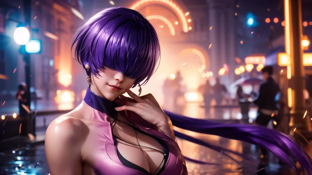 (at night), alone, in a video game scene, a background of a beautiful city during the day raining, standing at attention, purple hair, pink clothes ((purple hair)), 1 girl, alone, 20 years old, woman young, perfect and beautiful hands with perfect fingers, beautiful long legs, perfect legs, beautiful body, beautiful nose, beautiful character design, perfect face, looks at the viewer (focusing on the entire character), closed mouth, Light_Smile, official art, extremely detailed 8k CG wallpaper unit, perfect lighting, bright and colorful front lighting, glowing skin (masterpiece: 1.0), (best quality: 1.0), ultra high resolution, 4K, ultra detailed photography, 8K, HDR, high resolution, nonsense: 1.2, Kodak portra 400, film grain, blurred background, bokeh: 1.2, lens flare, (vibrant_color: 1.2), professional photography, (beautiful_face: 1.5), (narrow waist), {
