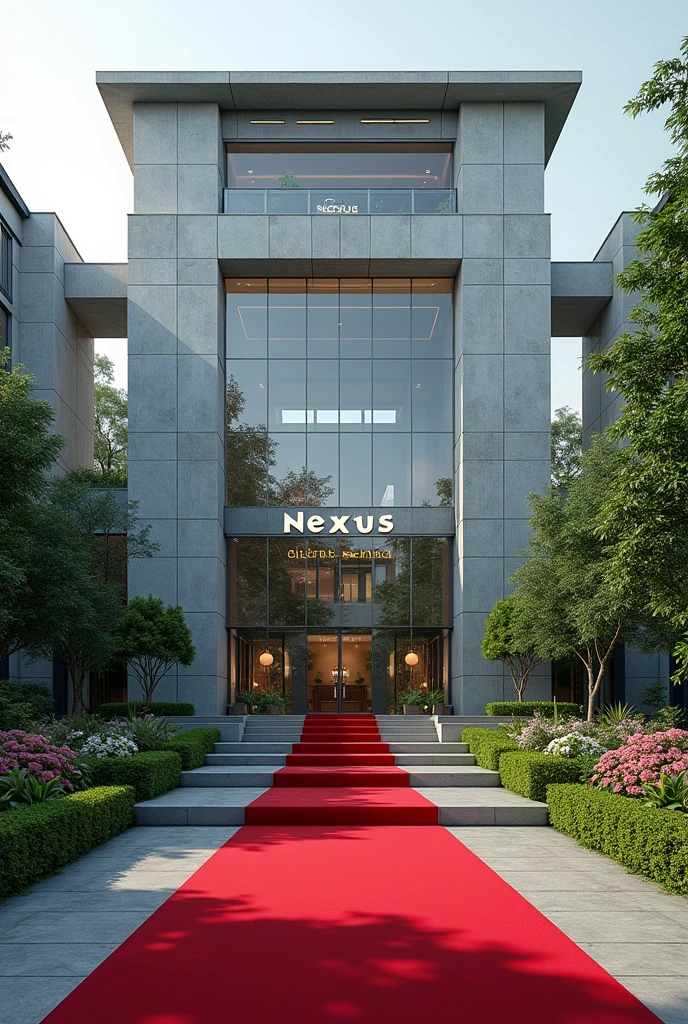 An image of a Corporate embassy  put the words Nexus Global Embassy I want it to have the words Nexus Global  Embassy on a concrete.The building has its own compound that is extremely developed with grass, trees and flowers Singaporean architecture expose the words Nexus Embassy with red carpets covering the whole entrance 