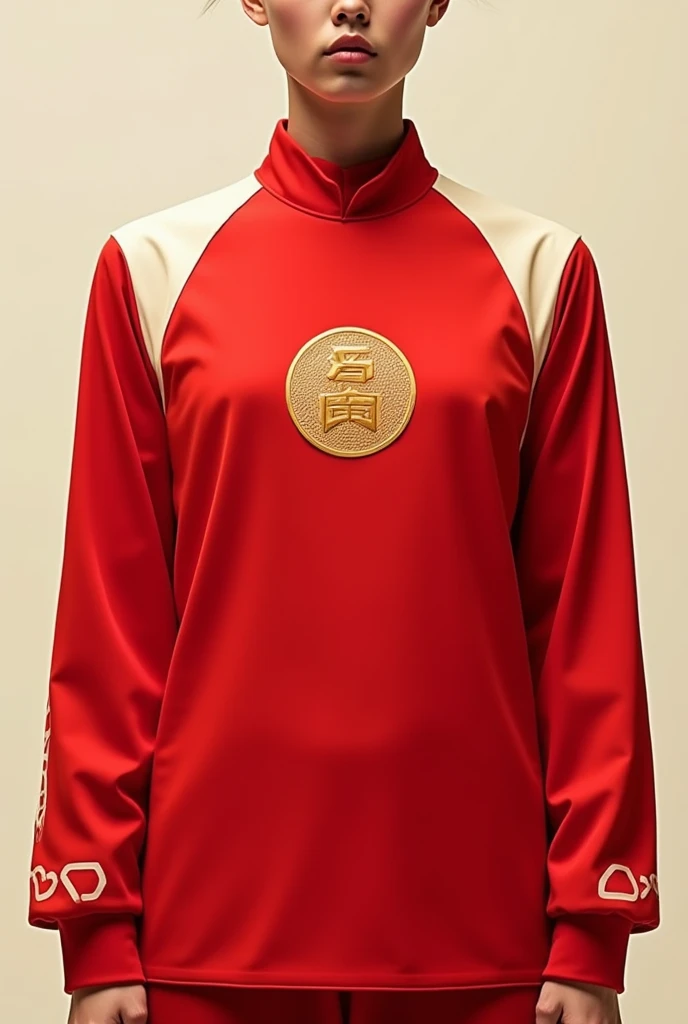 Let's start with a basic idea:
Cor base: vermelha, representing luck and energy.
detaileds: offwhite, used on the sleeves, Naked, and some graphic elements, to create a clean contrast.
Central Element: A gold logo or symbol on the chest, symbolizing prosperity and prestige.
Round collar and some element that refers to oriental culture