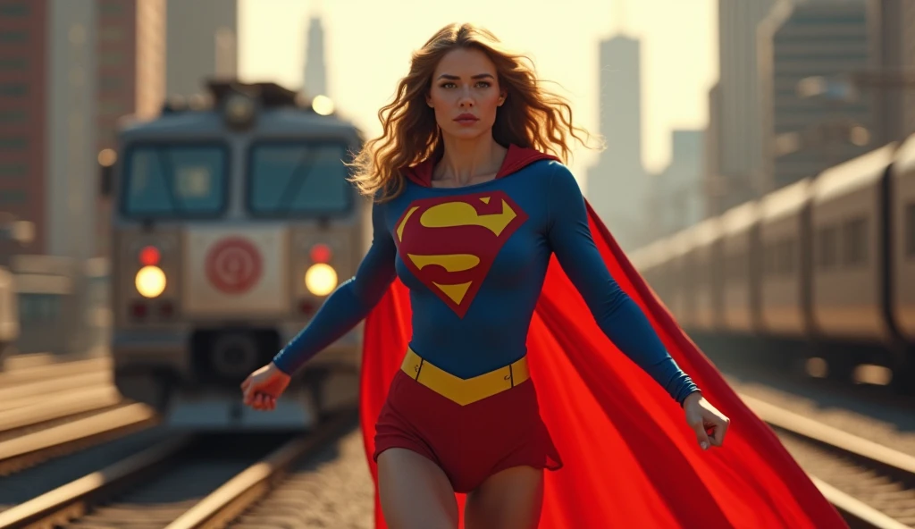 a female superhero in a 1980s superman movie costume,stopping a train with her bare hands,highly detailed,photorealistic,4k,octane render,dramatic lighting,cinematic,hyperrealistic
