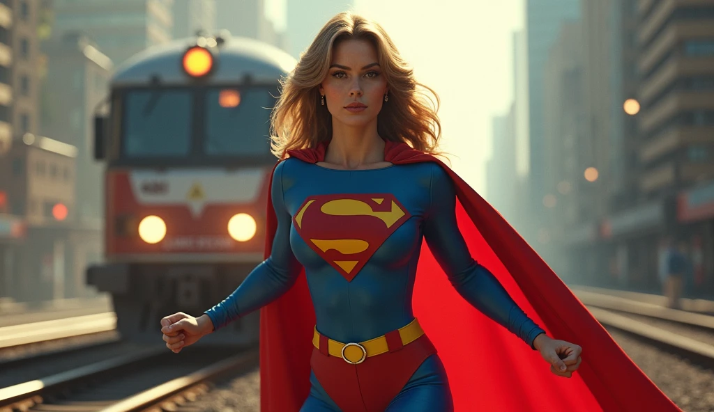a female superhero in a 1980s superman movie costume,stopping a train with her bare hands,highly detailed,photorealistic,4k,octane render,dramatic lighting,cinematic,hyperrealistic