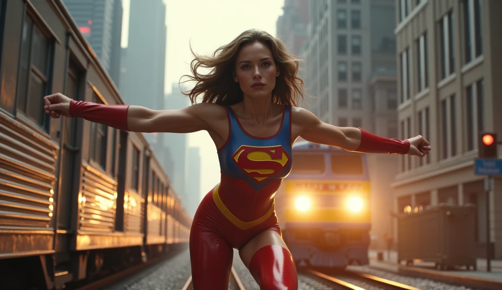 a female superhero in a 1980s superman movie costume,stopping a train with her bare hands,highly detailed,photorealistic,4k,octane render,dramatic lighting,cinematic,hyperrealistic