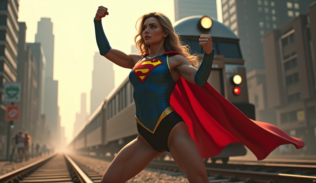 a female superhero in a 1980s superman movie costume,stopping a train with her bare hands,highly detailed,photorealistic,4k,octane render,dramatic lighting,cinematic,hyperrealistic