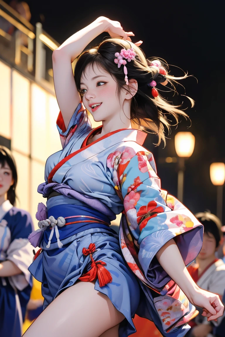(Japan Bon Odori,最高masterpiece,Highest quality), Hot August,Bright vibrant anime art,People of all ages and genders dance and dance, Dancing in yukata,Laughing and dancing, Showing white teeth,Men and women dance in a circle, masterpiece,Highest quality,High resolution,