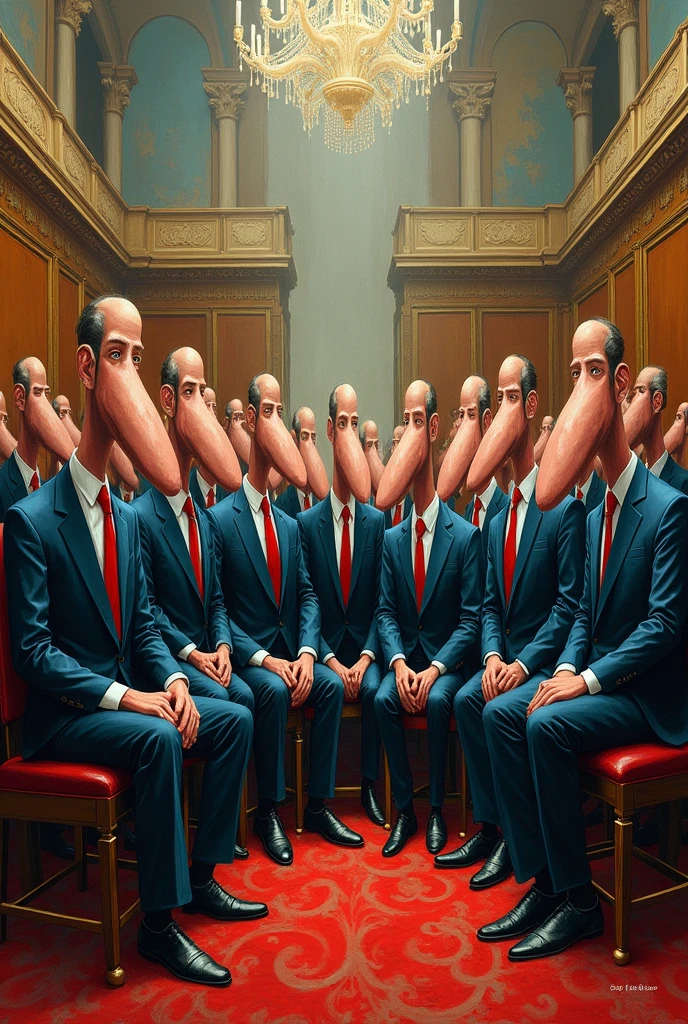 Long-nosed politicians who sit together in parliament. abstract art