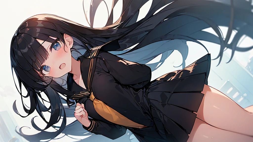 (Masterpiece, Top quality:1.5), nsfw, (dynamic angle:1.2), (1 beautiful girl, solo:1.2), (big eyes:1.2), (black sailor suit, black pleated skirt:1.2), (black hair:1.3), long Hair, straight Hair, asymmetry bangs, swept bangs, , shy:1.1, blush:1.2, beautiful scene of street, dynamic pose, open mouth