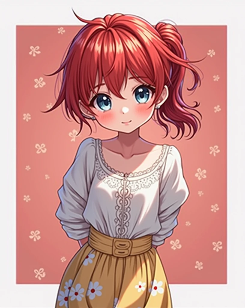 Using the female Saotome Ranma prototype, make a girl,Clear contours, Colorful full body photos, (Beautiful and delicate eyes), (pretty face:1.3), childish face, Red short hair with single ponytail, (Bangs), bumpy Bangs, blue gray eyes, big eyes，Big breasts，White long-sleeved shirt(fine lace),Yellow chiffon wide-legged high-waisted loose and elegant nine-point pleated skirt(Practical:1.2),(Floral Print),   (The actual upper and lower body clothes are:3.7 scale)，Face the camera head-on，One foot is slightly bent against the calf of the other leg。