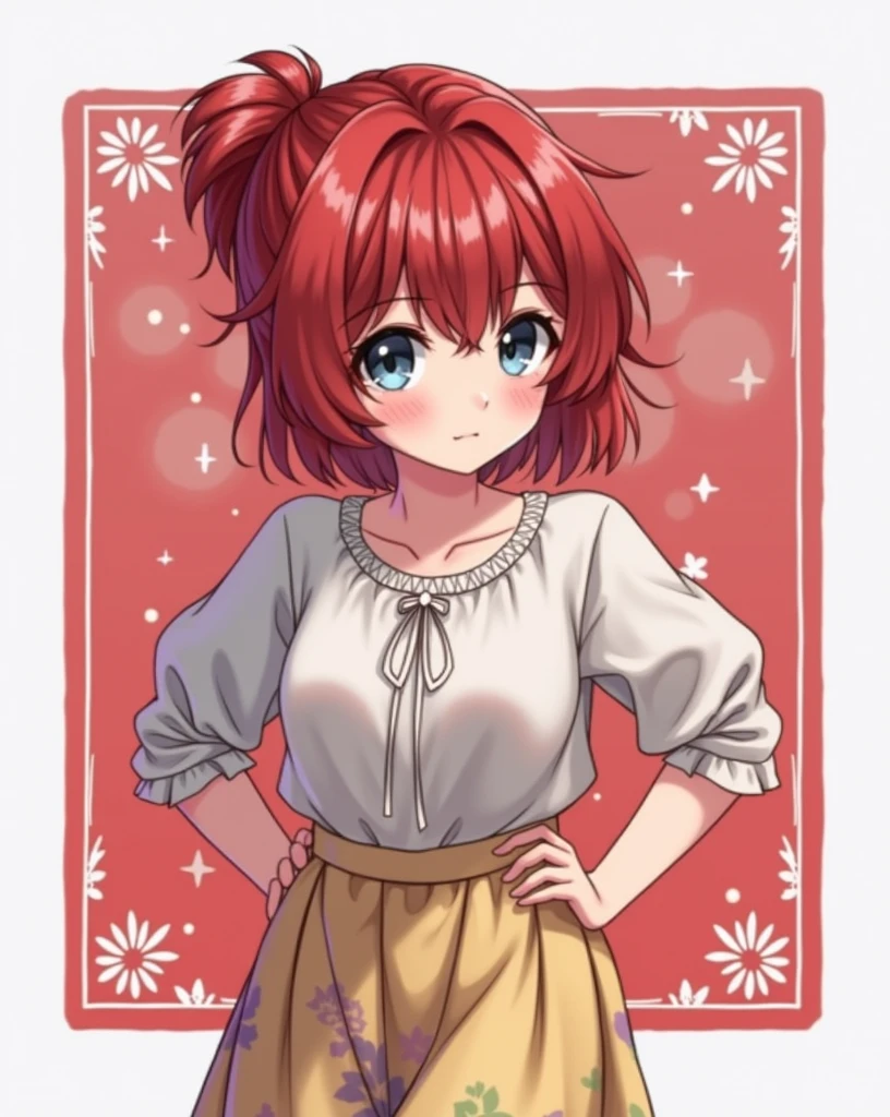 Using the female Saotome Ranma prototype, make a girl,Clear contours, Colorful full body photos, (Beautiful and delicate eyes), (pretty face:1.3), childish face, Red short hair with single ponytail, (Bangs), bumpy Bangs, blue gray eyes, big eyes，Big breasts，White long-sleeved shirt(fine lace),Yellow chiffon wide-legged high-waisted loose and elegant nine-point pleated skirt(Practical:1.2),(Floral Print),   (The actual upper and lower body clothes are:3.7 scale)，Face the camera head-on，One foot is slightly bent against the calf of the other leg。