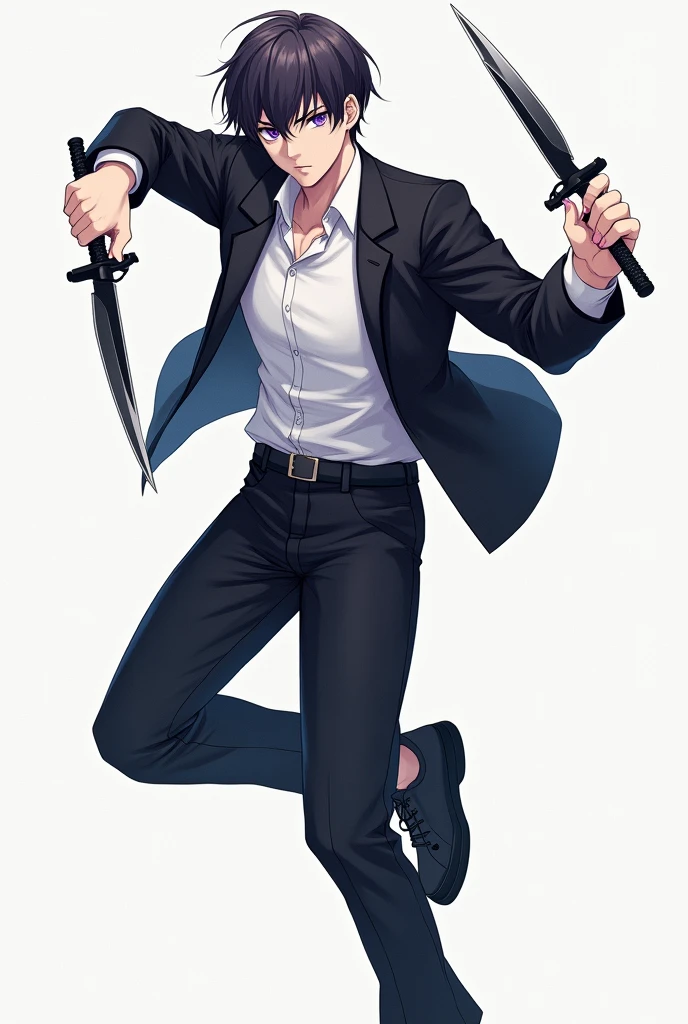 Make a man with short hair and purple eyes and with a white shirt and a black jacket and black pants and black sneakers along with two daggers in his hands in anime