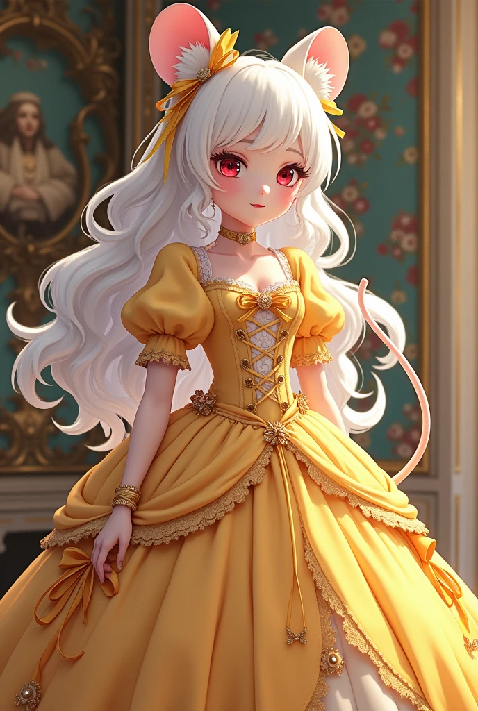 (best quality,4k,8k,highres,masterpiece:1.2), ultra-detailed, Pretty albino girl has a princess, drawn in 2D anime style, steampunk, wearing a yellow princess gown with puffy sleeves, steampunk, gorgeous frilly dress design,flowing gown,elaborate lace details,rich textures,contrast stitching,delicate ribbon bows, fish scales pattern accents, flowers embroidery, full skirt,short sleeves,fitted waistline,flared cuffs,lace-up back,luxurious fabrics,flawless silhouette, long curly white hair and red eyes, white fur, smiling, mouse ears and tail, ribboned high heels, white elbow evening gloves, gold bracelets, tiara made of seashells, beautifully detailed lips with lipstick, long eyelashes, eyeshadow, seashell necklace, in a castle bedroom with intricate decoration and luxurious furniture, flower wallpaper, she is happily checking her new princess dress.