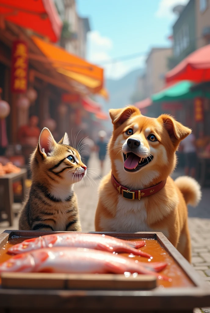 Type: Ultrarealistic
Subject: A cat and dog duo at the edge of a bustling marketplace. The cat is perched on the dog’s back, pointing excitedly at a cart full of fresh fish. The dog looks up at the cat with a joyful grin, both clearly thrilled by their discovery. The cat’s eyes are wide with excitement, and the dog’s tail is wagging in sheer joy.
Environment: A vibrant, busy marketplace filled with colorful stalls and amused vendors in the background. The scene is full of life, with the focus on the cat and dog, while the fish cart and vendors are slightly blurred to highlight their joyful expressions.
Art Style: Photorealistic with detailed textures on the cat’s fur, the dog’s expression, and the market surroundings.
Lighting: Bright, natural daylight that enhances the colors and creates a lively atmosphere.
Camera: Mid-angle shot capturing the cat on the dog’s back, both facing the fish cart, with the bustling market scene in the background.
Resolution: 4K, high-definition, ensuring sharp details on the animals and the lively market.
{Ultrarealistic cat and dog, joyful discovery at a marketplace, photorealistic, bright natural lighting, high-definition, mid-angle shot}