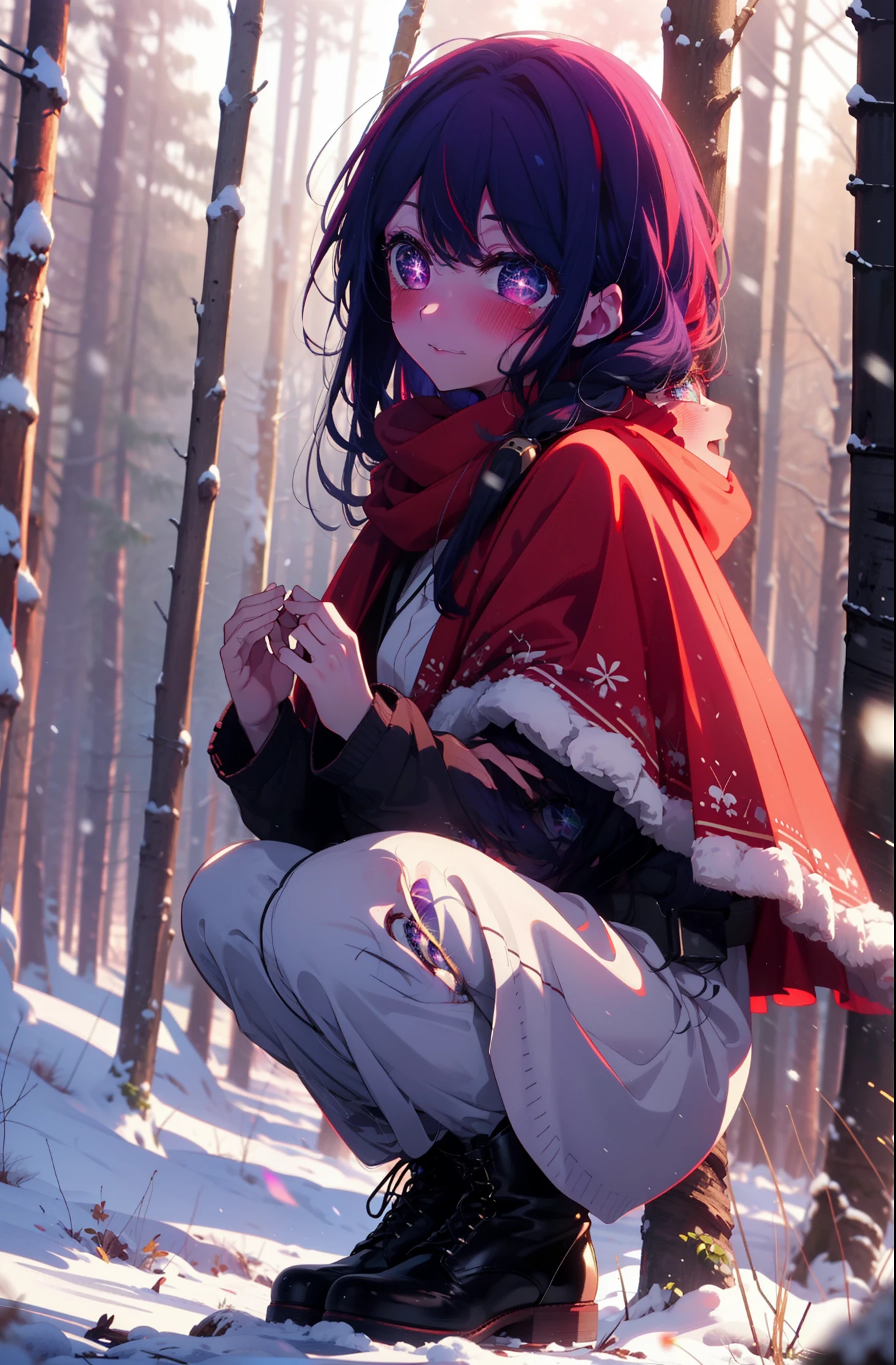 aihoshino, Ai Hoshino, Long Hair, bangs, (Purple eyes:1.1), Purple Hair, (Symbol-shaped pupil:1.5), smile,,smile,blush,white breath,
Open your mouth,snow,Ground bonfire, Outdoor, boots, snowing, From the side, wood, suitcase, Cape, Blurred, , forest, White handbag, nature, Squat, Mouth closed, Cape, winter, Written boundary depth, Black shoes, red Cape break looking at viewer, Upper Body, whole body, break Outdoor, forest, nature, break (masterpiece:1.2), Highest quality, High resolution, unity 8k wallpaper, (shape:0.8), (Beautiful and beautiful eyes:1.6), Highly detailed face, Perfect lighting, Extremely detailed CG, (Perfect hands, Perfect Anatomy),