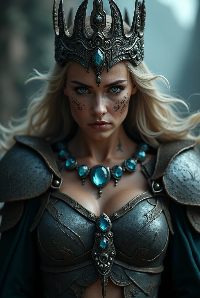 Viking warrior close-up, axe on display, Woman, blue eye rays, big queen crown on the head , necklace stones around the neck, tribal tattoo on face, Angry