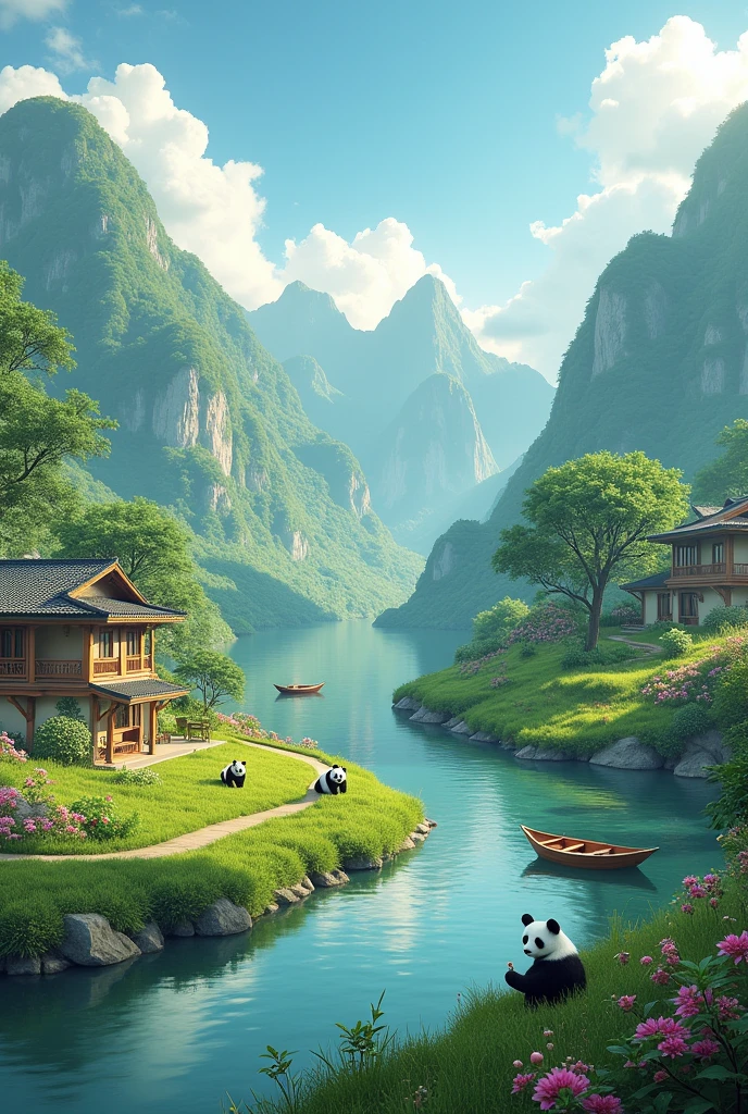 A beutiful house and green grass mountain near to rever and rever outside 100 flowers and clouds and morning time and beautiful mangoes trees and 3 pandas and in the rever 2 beutiful boats