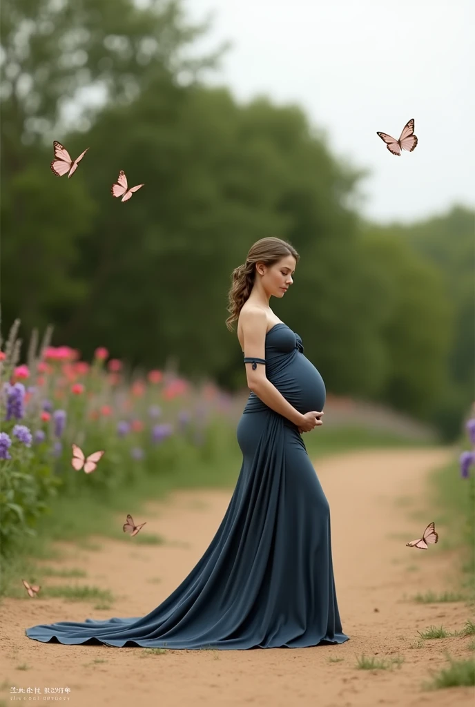 pregnant woman in a blue gown surrounded by flowers and butterflies, a colorized photo by Elena Guro, trending on cg society, conceptual art, blue and pink colors, blue and pink color scheme, blue and pink, maternal photography 4 k, pastel blues and pinks, pink and blue colors, pink and blue colour, blue and pink colour splash, pink and blue