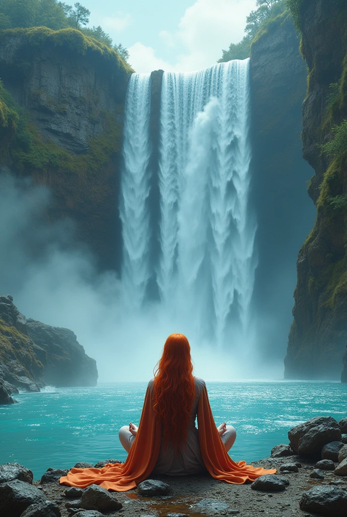 a picture of a (female monk: 1.2) sitting and meditating near a waterfall, at the base of the waterfall,  there is a human woman monk wearing monk garbs, meditating near a bonfire near an (epic sized waterfall: 1.3), red hair, long hair, full body (best details, Masterpiece, best quality :1.5), ultra detailed face (best details, Masterpiece, best quality :1.5), ultra feminine (best details, Masterpiece, best quality :1.5), exquisite beautiful (best details, Masterpiece, best quality :1.5) red hair, long hair, wavy hair, pale skin, blue eyes, intense eyes, water coming down from a volcanic cliff, multi level water falls, several pools created in different levels, forming new waterfalls, water cascading into a (large lava pool: 1.3) steam rising, clear water in many hues of blue and azure, fantasy art, photorealistic, D&D art, ultra best realistic, best details, best quality, 16k, [ultra detailed], masterpiece, best quality, (extremely detailed), ultra wide shot, photorealism, depth of field, hyper realistic painting, faize, perfecteyes, drkfntasy