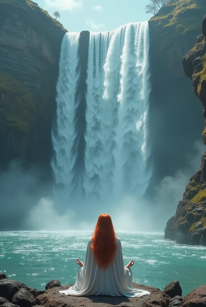 a picture of a (female monk: 1.2) sitting and meditating near a waterfall, at the base of the waterfall,  there is a human woman monk wearing monk garbs, meditating near a bonfire near an (epic sized waterfall: 1.3), red hair, long hair, full body (best details, Masterpiece, best quality :1.5), ultra detailed face (best details, Masterpiece, best quality :1.5), ultra feminine (best details, Masterpiece, best quality :1.5), exquisite beautiful (best details, Masterpiece, best quality :1.5) red hair, long hair, wavy hair, pale skin, blue eyes, intense eyes, water coming down from a volcanic cliff, multi level water falls, several pools created in different levels, forming new waterfalls, water cascading into a (large lava pool: 1.3) steam rising, clear water in many hues of blue and azure, fantasy art, photorealistic, D&D art, ultra best realistic, best details, best quality, 16k, [ultra detailed], masterpiece, best quality, (extremely detailed), ultra wide shot, photorealism, depth of field, hyper realistic painting, faize, perfecteyes, drkfntasy