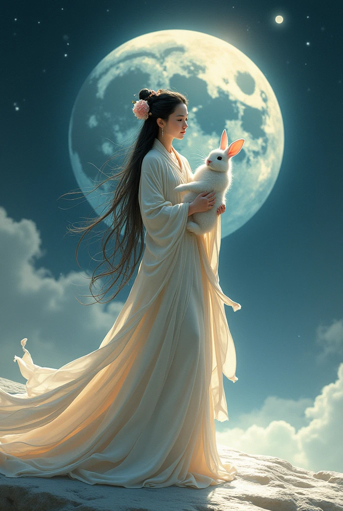 Chang'e is holding a rabbit in her arms, Chang'e is standing on the moon, and the rabbit in Chang'e's arms is about to jump to the ground