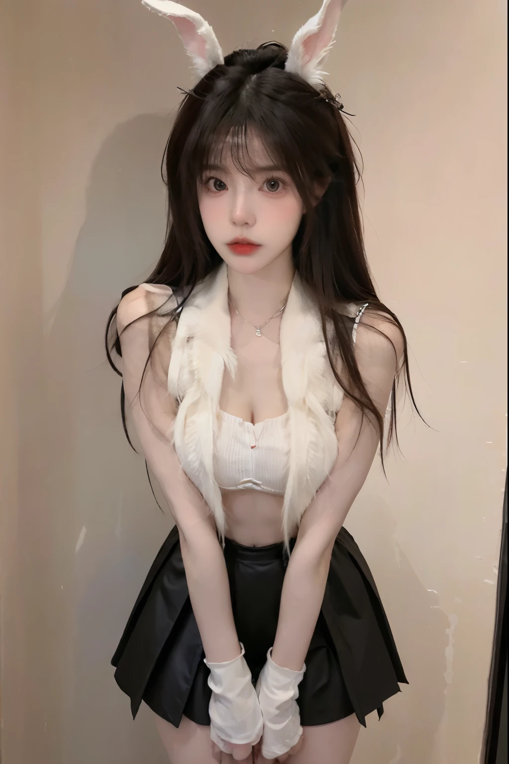 Beautiful woman with perfect body:1.4,Prominent cleavage,Layered Hairstyle,Highly detailed face and skin textures,Double eyelids,Skin Whitening,Long hair,Whitened long legs,(Rabbit ears、Black vest、Black leather skirt)