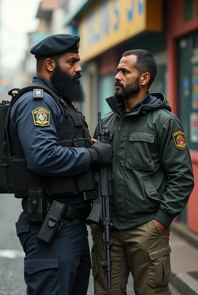 Strong, bearded Brazilian cafuzo police officer, in military police tactical uniform, Lottery, boina preta, rifle in hand, talking to a young man on the street.
