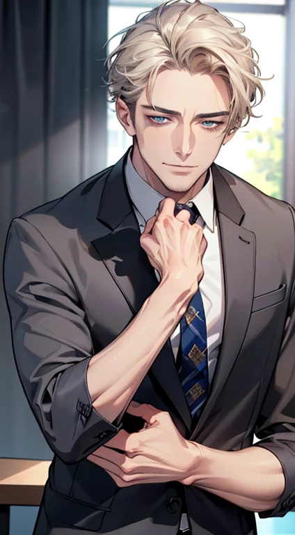 (best quality,4k,8k,highres,masterpiece:1.2),ultra-detailed,(realistic,photorealistic,photo-realistic:1.37),1 man,3,mature man,very handsome,without expression,smile,short grey golden hair,blue eyes,penetrating gaze,perfect face without errors,imposing posture,businessman,office background,cinematic lighting,hdr image
