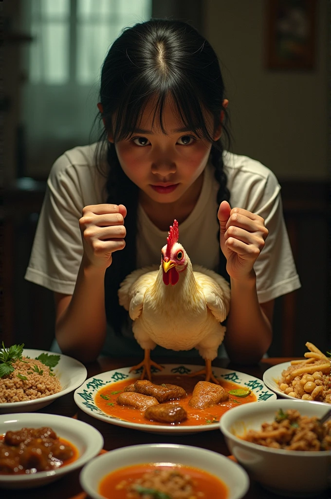 Girl put chicken in mid of her thai and kill