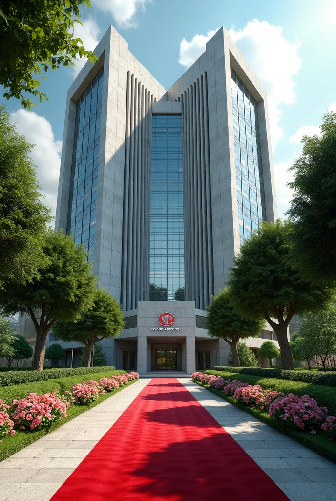 An image of a Corporate embassy  put the words Nexus Global Embassy I want it to have the words Nexus Global  Embassy on a concrete.The building has its own compound that is extremely developed with grass, trees and flowers Singaporean architecture expose the words Nexus Embassy with red carpets covering the whole entrance 