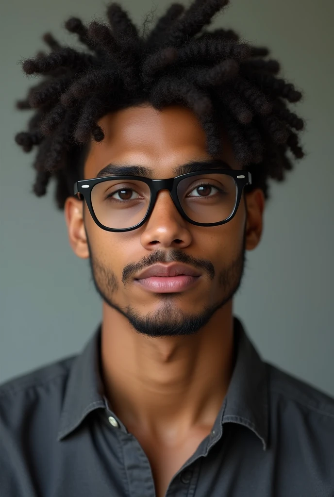 Generate a hyper-realistic portrait of a young man with a medium brown complexion, possibly of South Asian descent. He has large, expressive almond-shaped brown eyes with defined lashes. His face is symmetrical with a slightly rounded jawline, and he has a well-groomed, light stubble. His nose is straight and proportional, and his lips are full and naturally colored. He has thick, voluminous curly black hair that frames his face, with a subtle texture that suggests softness. He is wearing a dark gray button-up shirt with a slightly unbuttoned collar, giving a relaxed, casual vibe. The lighting is soft and natural, illuminating his face evenly and emphasizing his features. The background is simple and unobtrusive, allowing full attention to his facial features, with black square shape sunglass