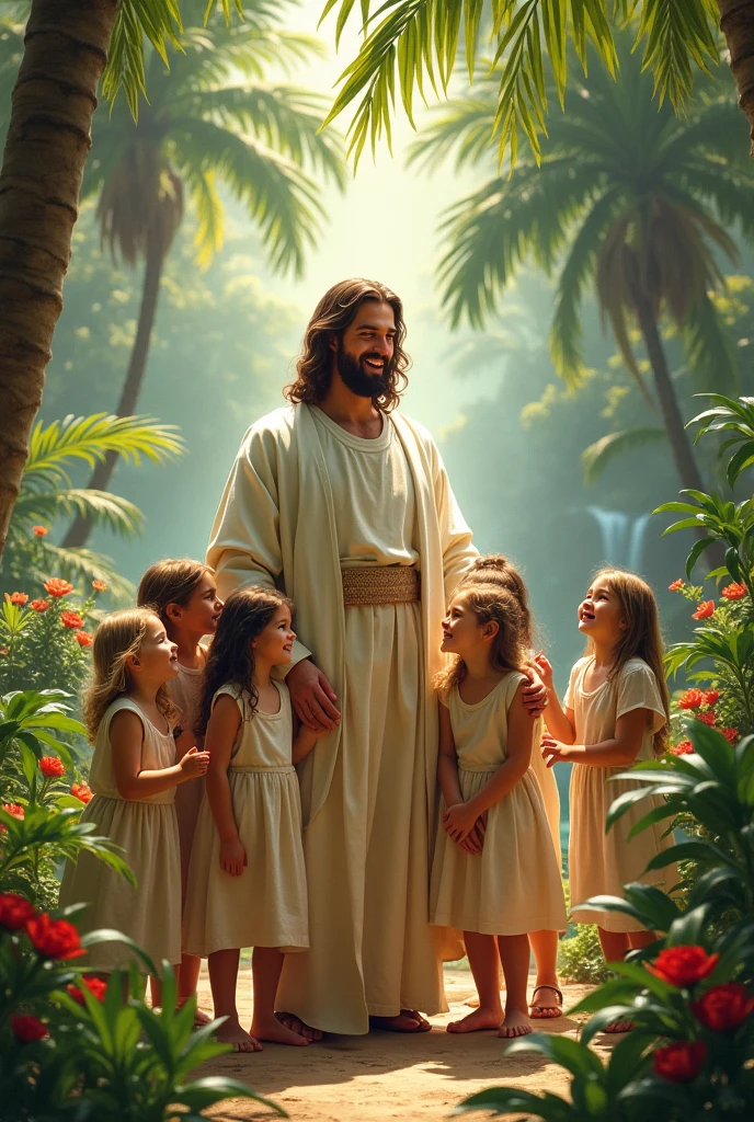 Jesus in a tropical garden with several babies at his side