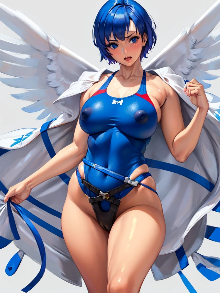 (White background, 1girl:1.4), BREAK,Blue short Hair, blue eyes,Narrow waist,voluptuous Breasts,(one-piece competitive swimwear,one-piece competition swimsuit:1.6), blush,Open your mouth,(covered nipples:1.2)