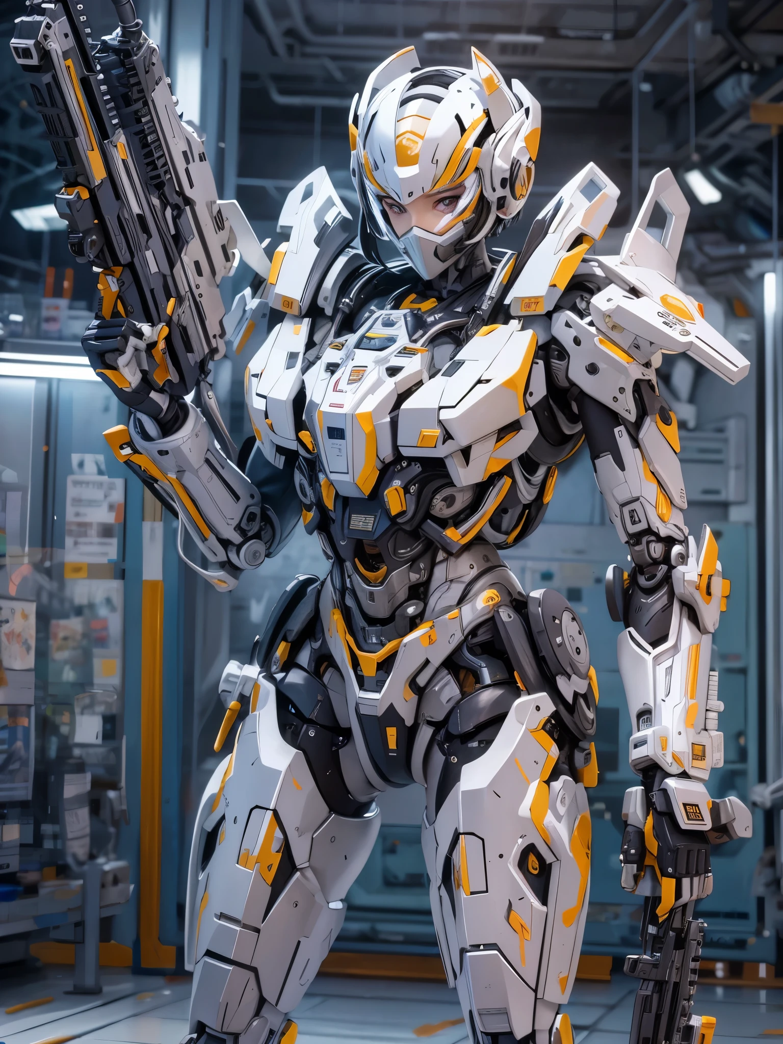 ((Highest quality)),(Ultra-high resolution),(Super detailed),(Detailed Description),((The best CG)),(masterpiece),Highly detailed art,(Art with precise detail:1.5), Female robot,Detailed mechanical body,Face masks,Mechanical Eye,Rifle of the future,