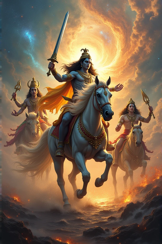 Kalki avatar with shiv brahma vishnu with with horse battle