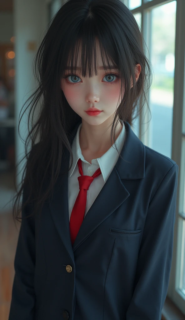 (32K:1.9, Highest quality, masterpiece, Ultra-high resolution), Perfect dynamic composition, Highly detailed skin and facial textures:1.3, Detailed eyes, Detailed limbs, Cute sexy slim Japanese schoolgirl, Fair skin, ((Clarity:1.1)), (Red tie blazer uniform:1.3),  (Hugging a high school boy:1.0), (Cunning Smile:0.9, Totally captivates you:0.9), (beautiful Blue Eyes, beautiful, Clear Eyes:0.8), Sexy Face:0.4, blush:1.1, (beautifulエロティシズムを醸し出す味わい:0.8), Professional random camera work, Cinematic Lighting Effects, ((Full Body Shot)), ((Too erotic:0.9)) , romantic, mysterious, Object of admiration, original, dramatic, artistic, Innovative, charm, Heartful, Fancy, Tilt, sense of loss, special, exciting, Extreme, sense of openness, joy, joyの表現, ((若さのcharm, 女性的なcharm))