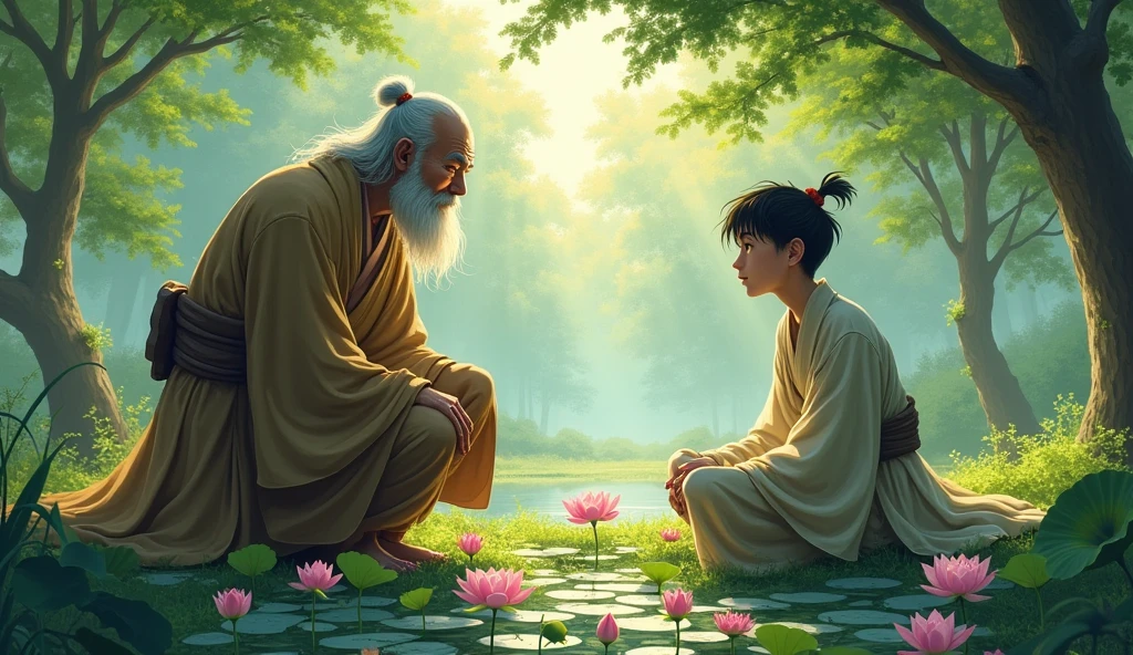 Hiro is greeted by Master Koji, who is tending to a small garden. Master Koji is an elderly man with a calm and wise expression, wearing traditional Zen monk robes. The garden is filled with blooming lotus flowers, and a gentle breeze rustles the leaves.