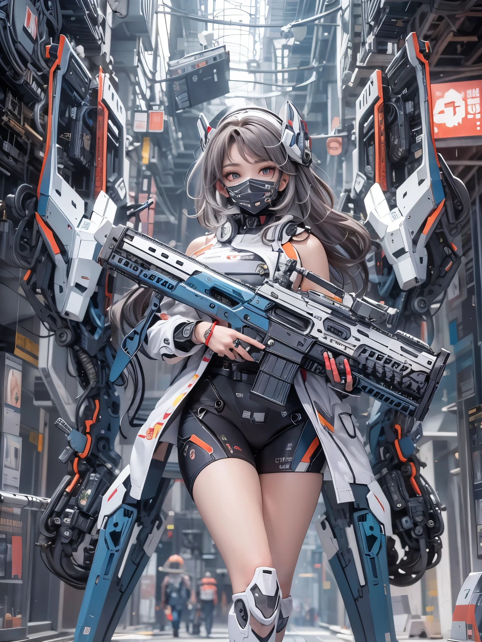 ((Highest quality)),(Ultra-high resolution),(Super detailed),(Detailed Description),((The best CG)),(masterpiece),Highly detailed art,(Art with precise detail:1.5), Female robot,Detailed mechanical body,Face masks,Mechanical Eye,Rifle of the future,