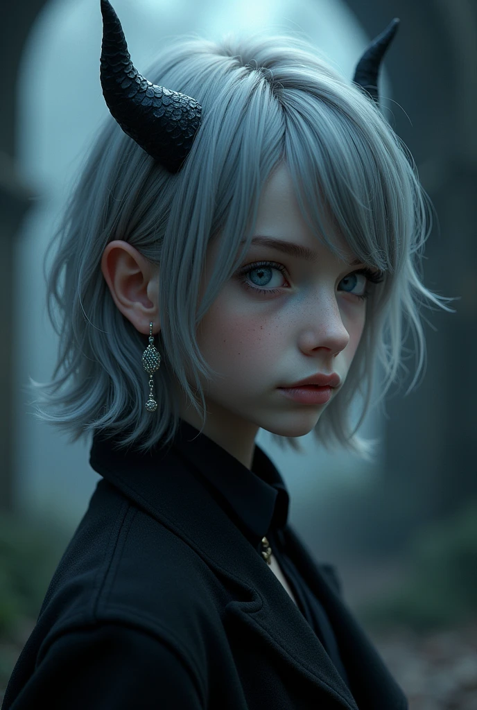 Gray Hair、blue eyes、Beautiful Boy、Vampire、Horn、Earrings