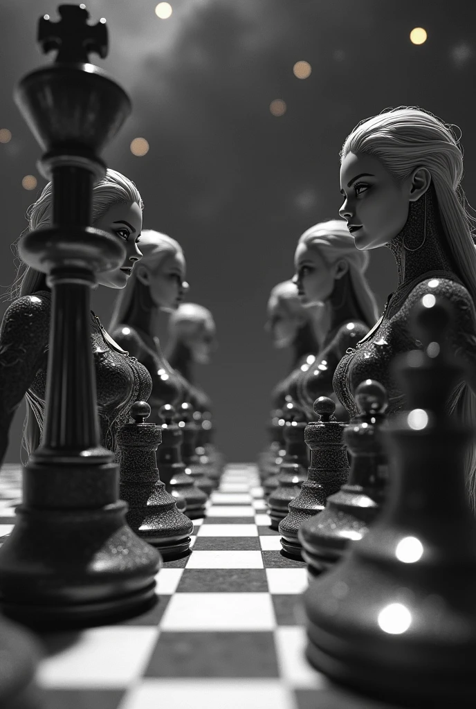 space chess, start of the game.  Girls in armor instead of chess pieces. Ready for battle, cold weapon at the ready.  detailing of space, detailing girls, sexually, Grandly, Weapon detailing. white and black.