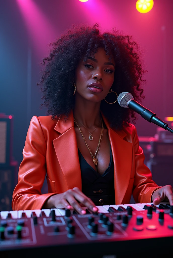 A realistic 1985s funk solo singer in the style of Germaine Jackson with a synth
